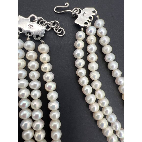 Vintage 3-Strand Glass Pearl Necklace Sterling Silver 925 Clasp Ornate Spacers - Picture 7 of 12